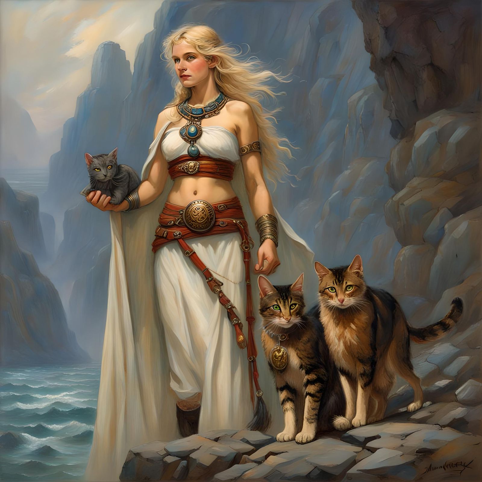 Freya, Norse Goddess, with Cats: Oil Painting