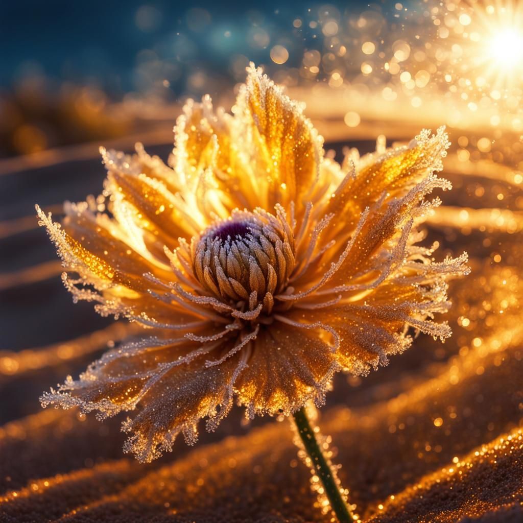 Frozen Flower in Golden Sunset: Glamorous Double Exposure