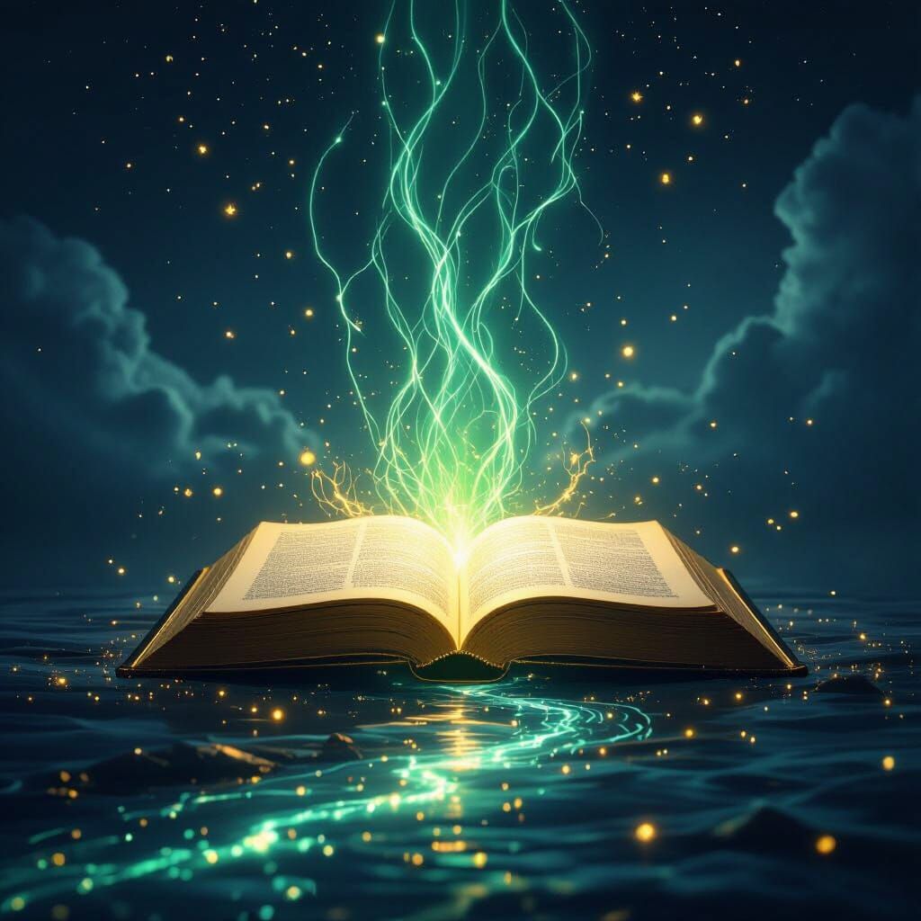 Glowing Golden Book Radiates Emerald Aura