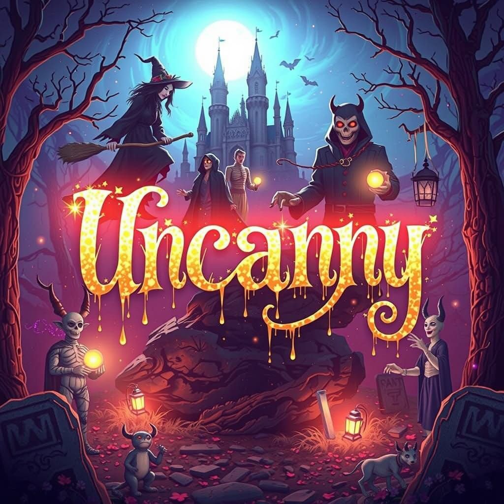 text "Uncanny" , in a thick, fancy, ornate curly dripping ho...