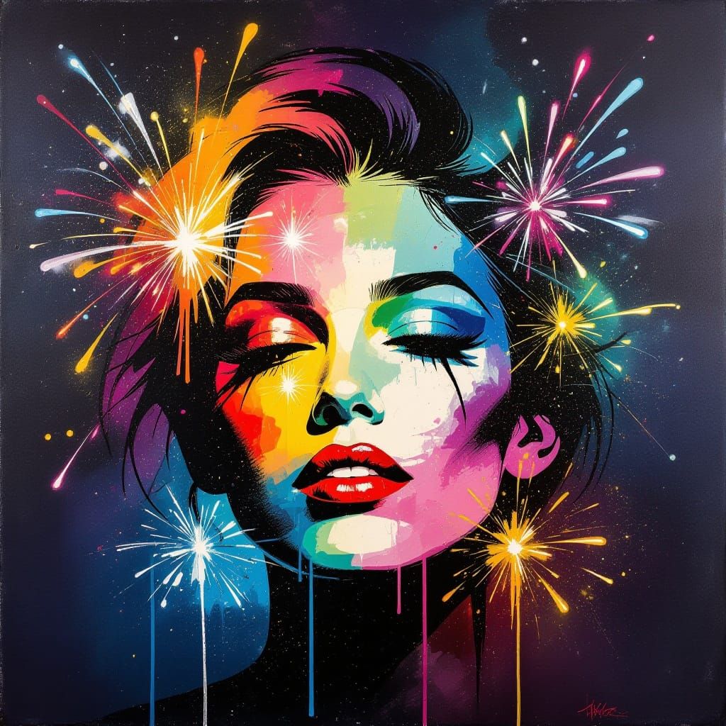 Celestial Rebel Face Erupts in Colorful Fireworks Display