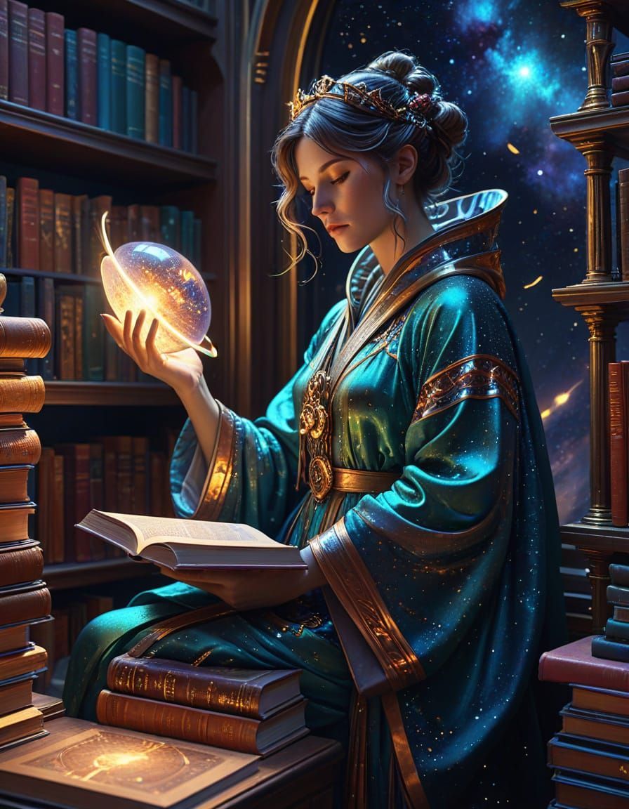 Celestial Librarian in Art Nouveau Sci-Fi Style