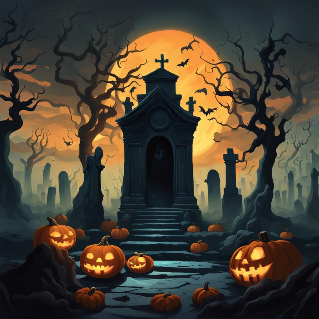 Eerie Graveyard Scene in Surrealist Style