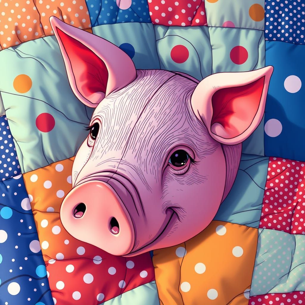 Anime Pig Quilt with Polka Dots, Ghibli Style