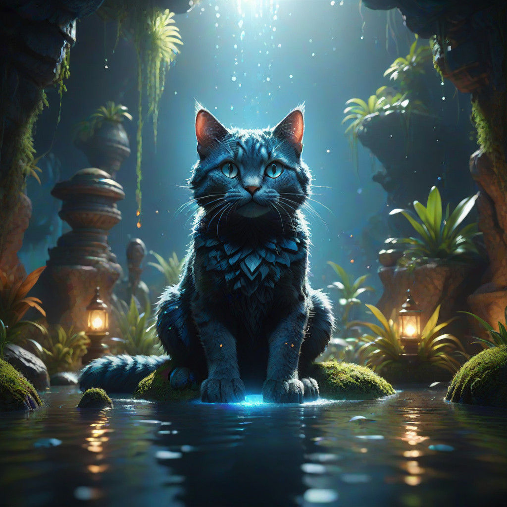 Regal Water Elemental Cat in Vibrant Aquatic Landscape