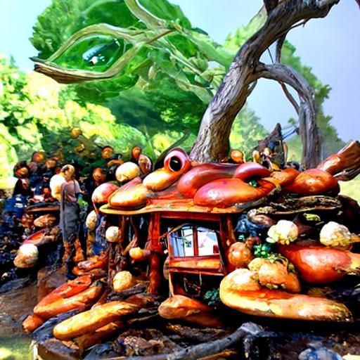 Frog Market in Redwood Tree, Ghibli-esque Fantasy