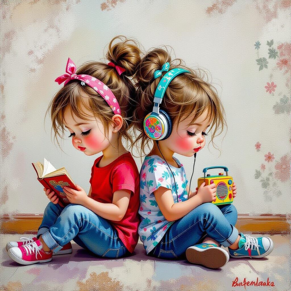 Whimsical Abstract Caricature of Two Curious Girls