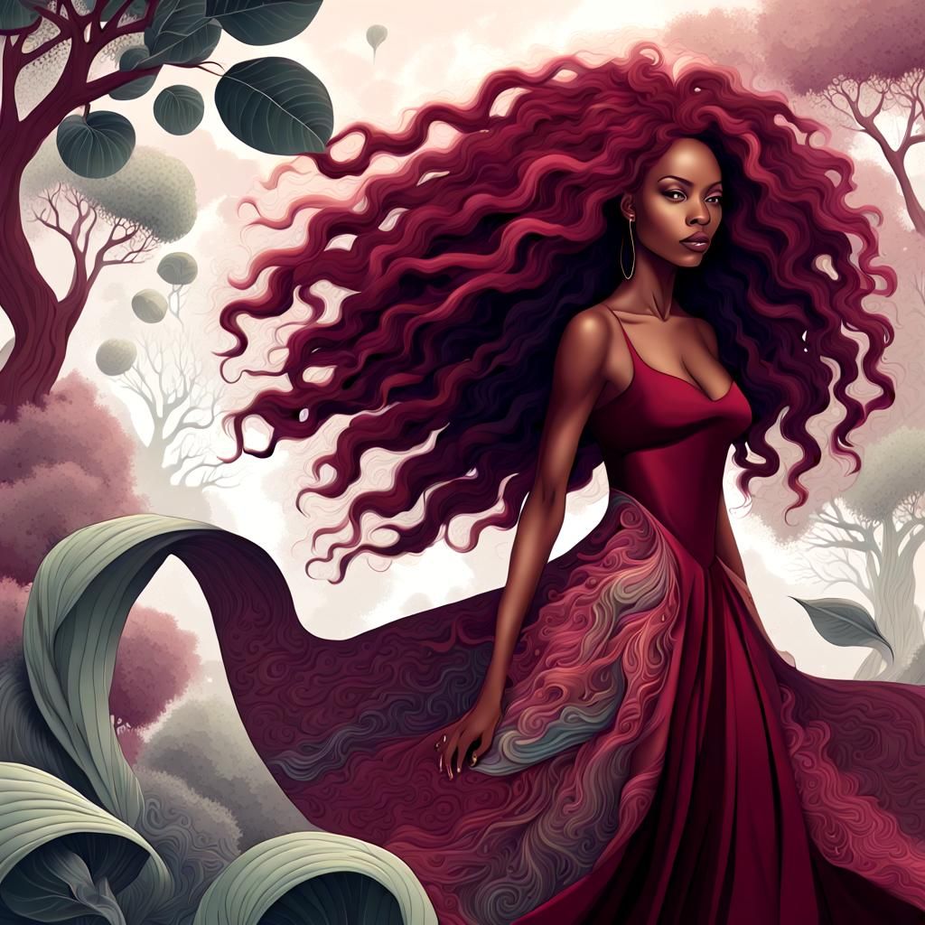 Burgundy Haired Woman in Fantasy Surrealism