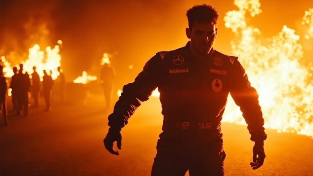 Formula 1 Driver Emerges from Inferno: Cinematic Film Still