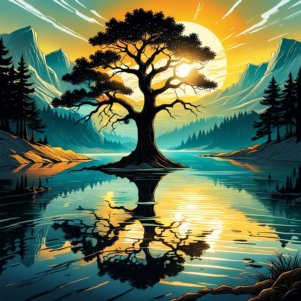 Lone Tree on Water in Comic Book Style
