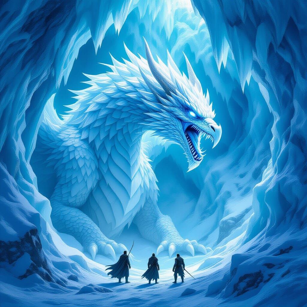 Colossal Ice Dragon Roars at Tiny Humans in Icy Cave