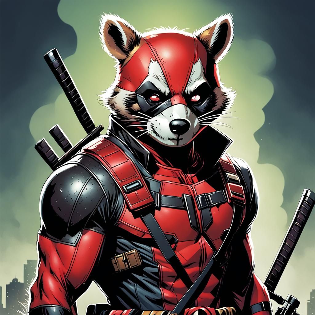 Rocket Raccoon as Deadpool in Comic Style