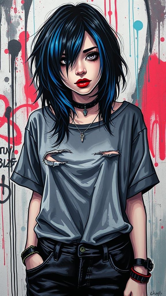 Graffiti-Inspired Emo Woman with Bold Makeup
