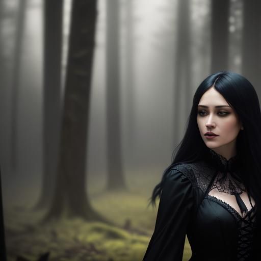 Gothic Girl in Dark Forest Under Moonlight