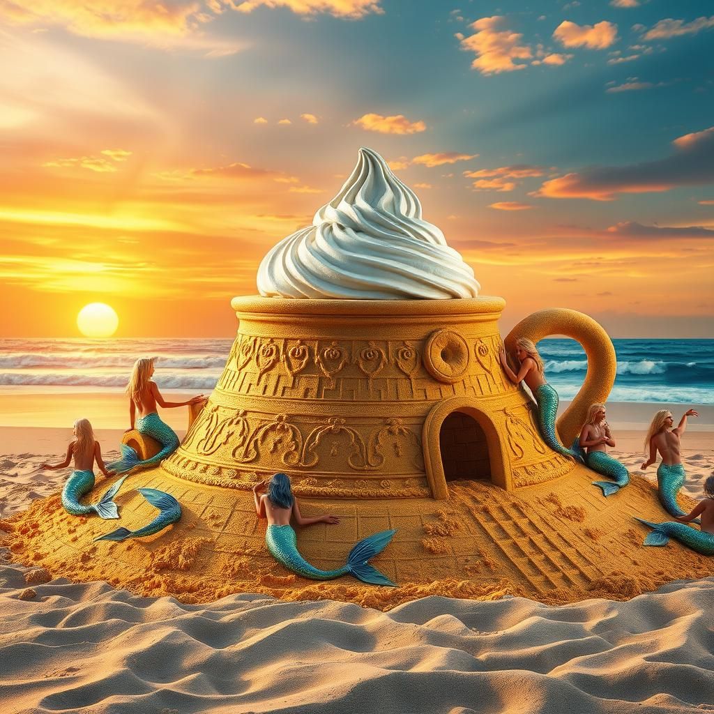 Hyperrealistic Sandcastle Coffee Cup with Mermaids