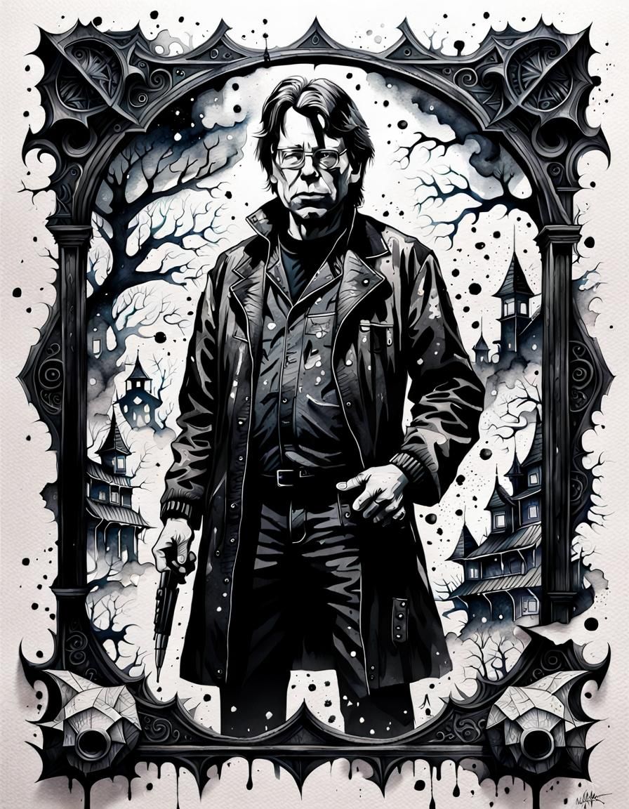 Monochrome Watercolor Portrait in Fantasy Horror Style