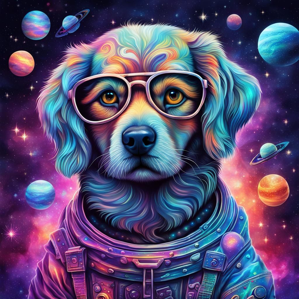 Cute Dog in Holographic Astral Illustration