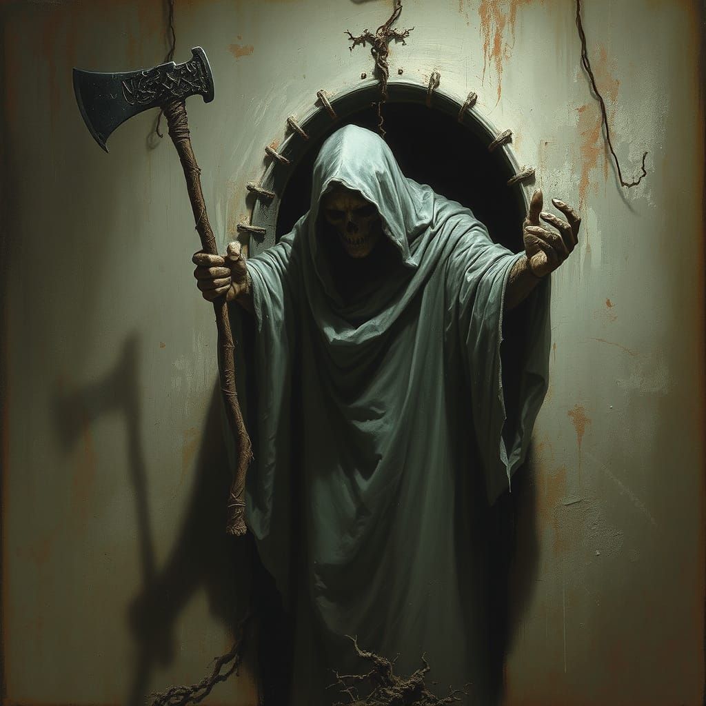 Ghost Emerges from Wall with Axe in Hand