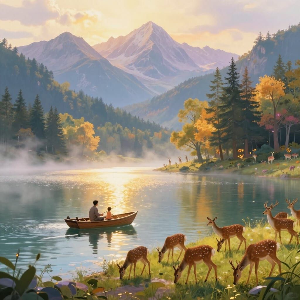 Magical Mountain Lake Scene with Father and Child Fishing