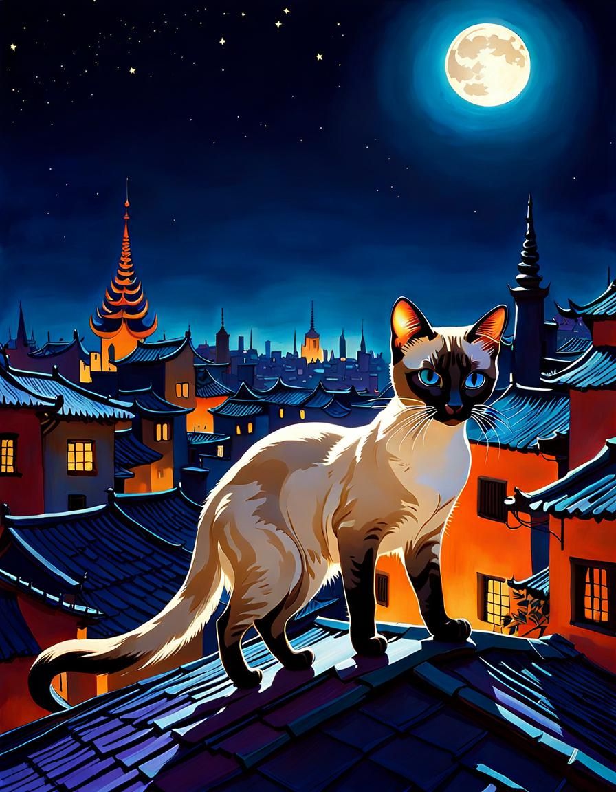 Siamese Cat Night Rooftop Walk in Watercolor Style