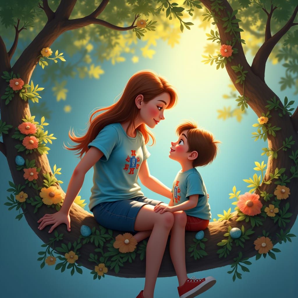 Mother and Child on Floral Throne in Disney Style