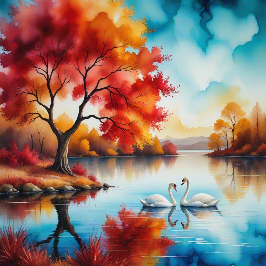 Alcohol Ink Artwork: Autumn Lake with Swans in Heart Shape