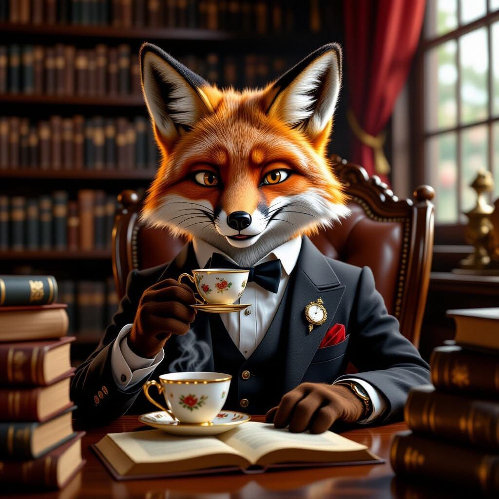 Fox Gentleman Enjoying Tea in Library