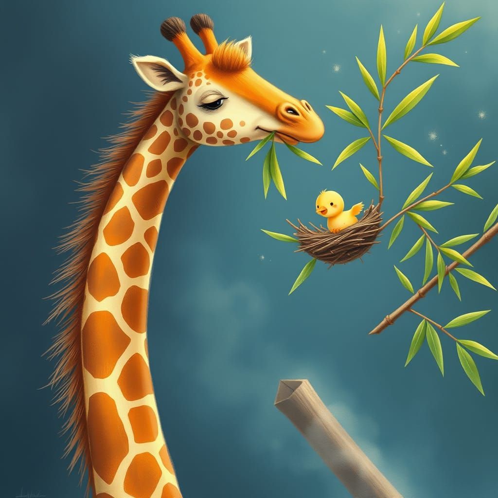 Fluffy Giraffe Eats Bamboo in Whimsical Beatrix Potter Style