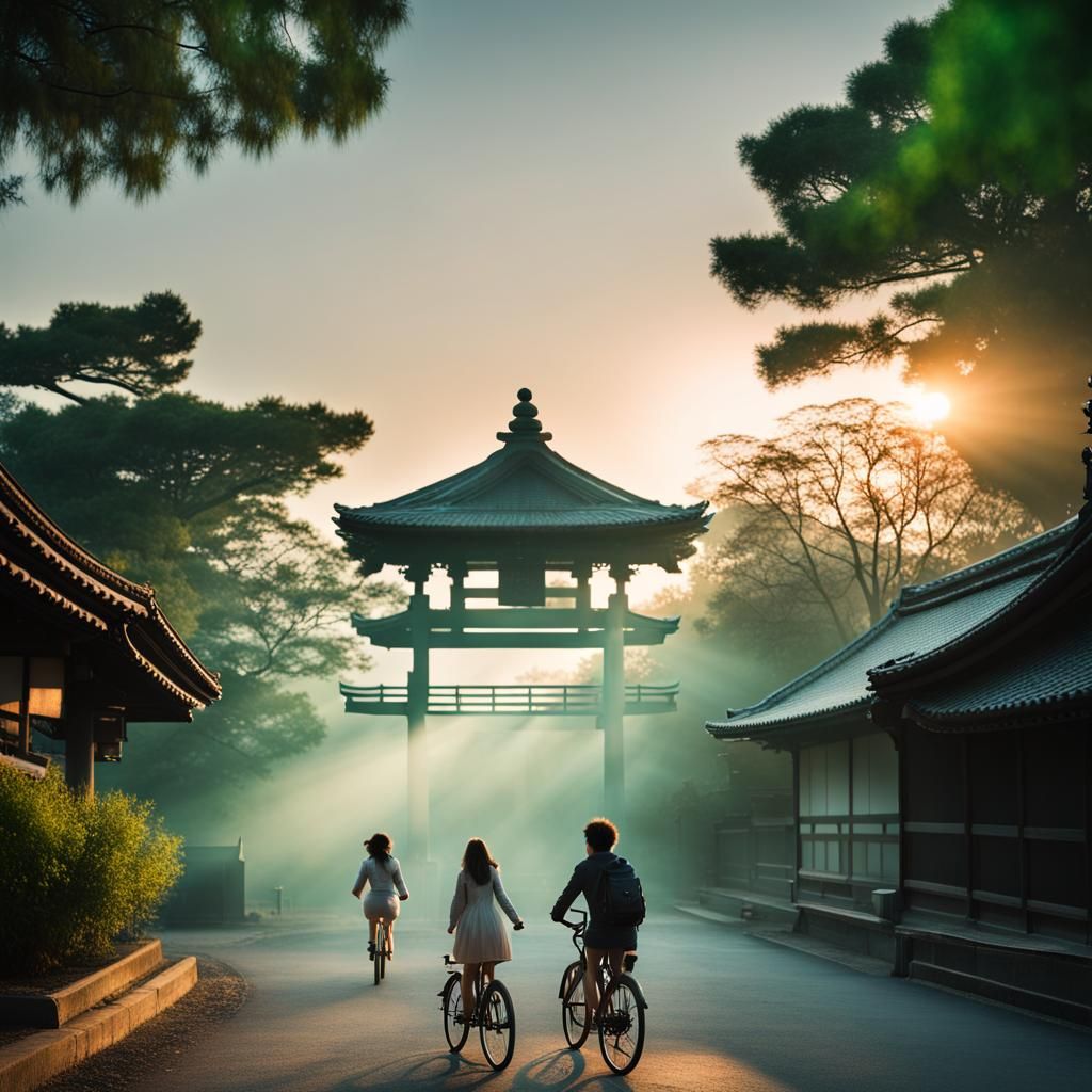 Children at Shinto Shrine with Mist Trees