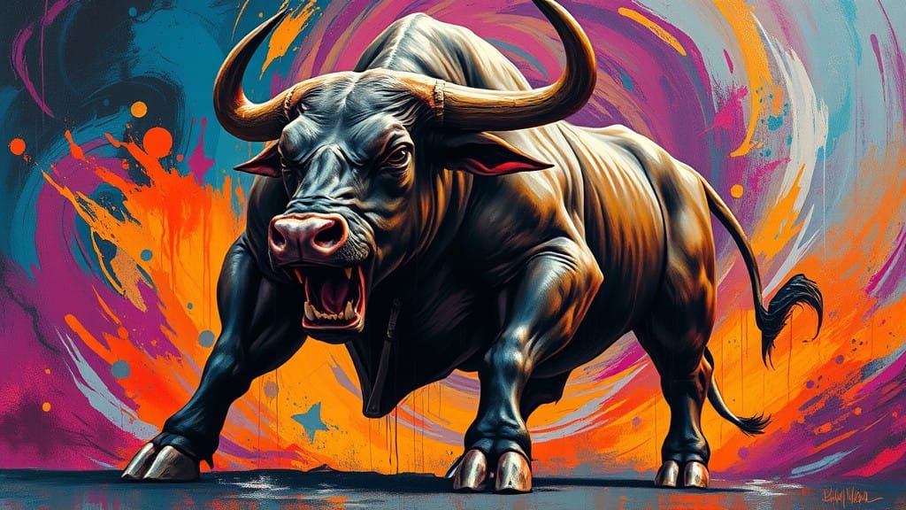 Colossal Street Art Bull in Aggressive Stance