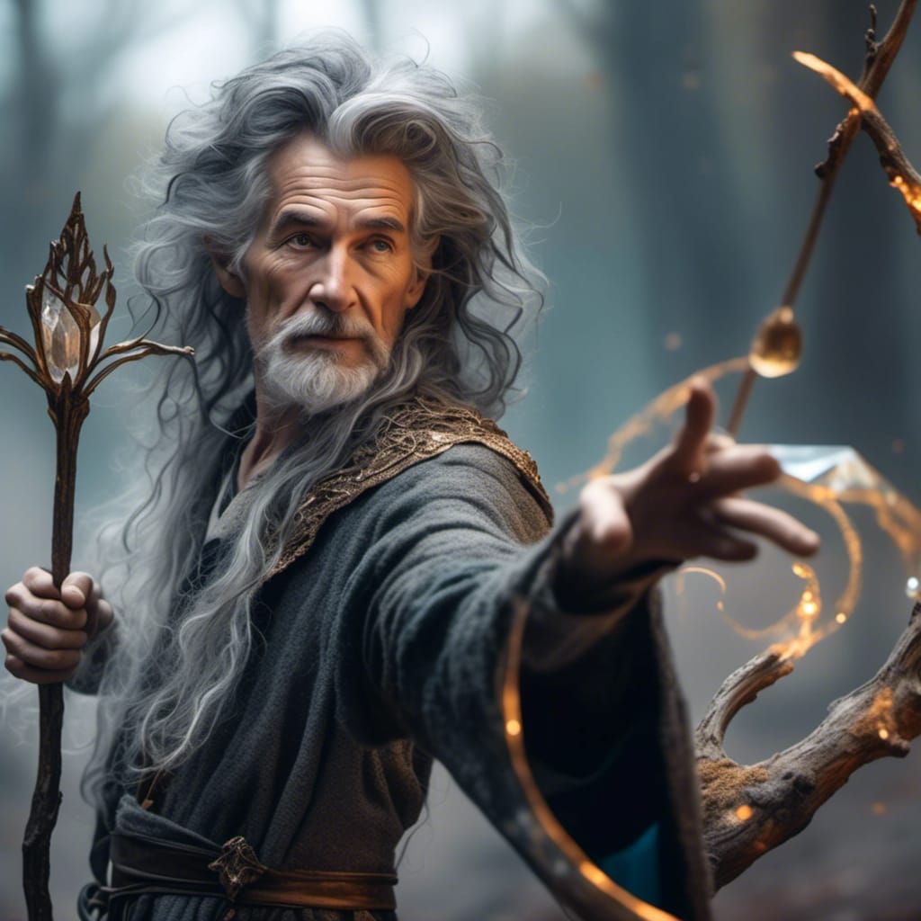 Old Wizard with Crystal Staff in Forest