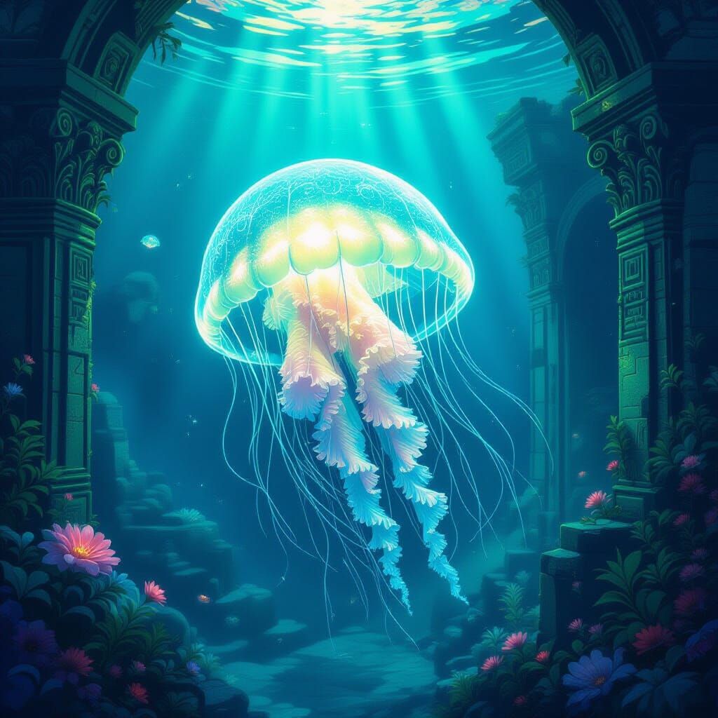 Art Nouveau Jellyfish in Underwater Ancient Ruin