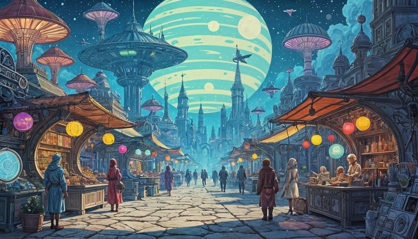 Alien Marketplace on Gas Giant Moon with Psychedelic Sci-Fi ...