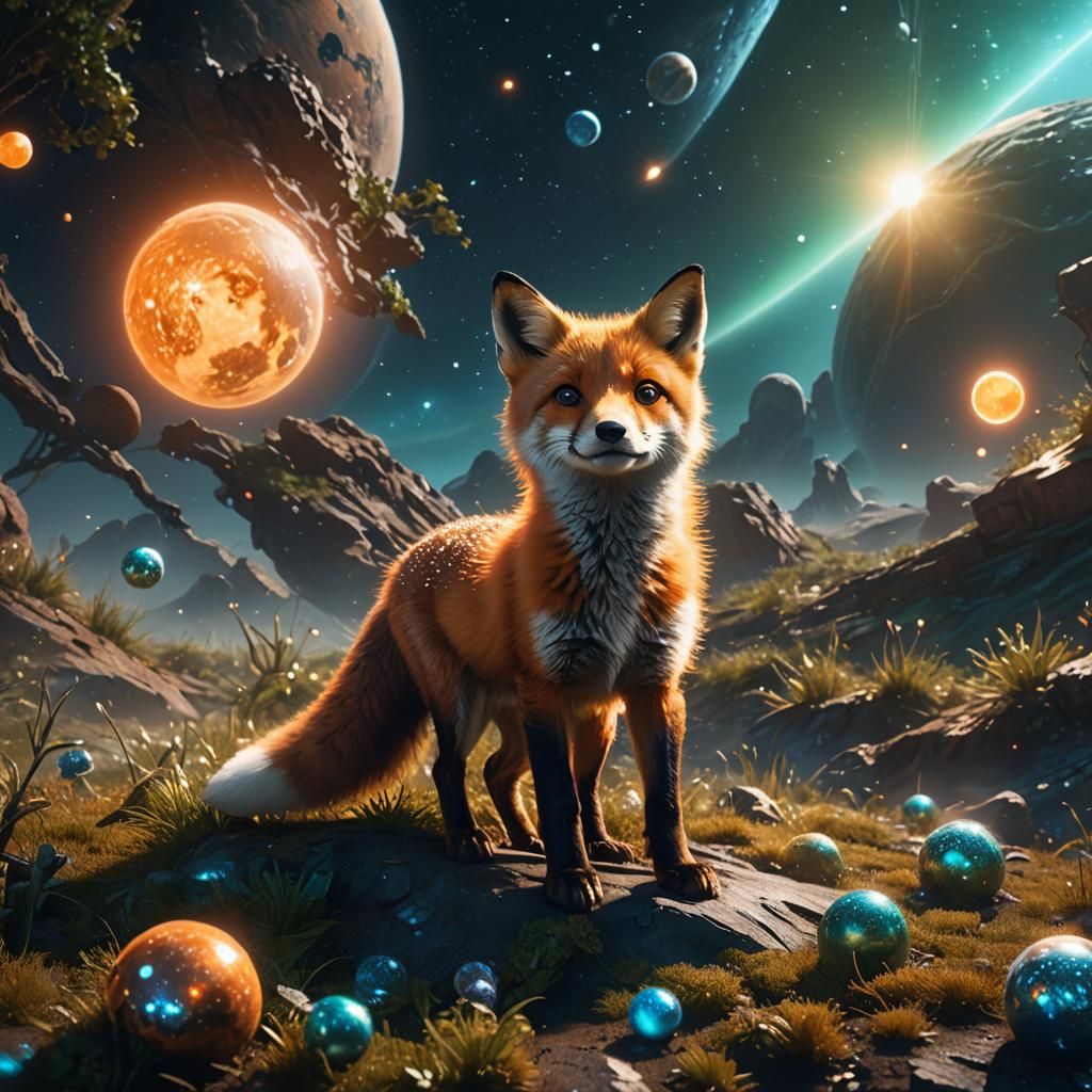 Baby Fox Gazing at Glowing Planet in Space