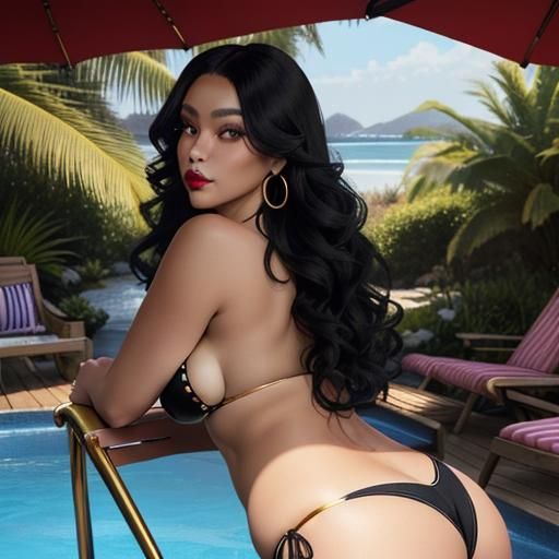 Elegant Woman with Silver and Gold Bikini by Pool