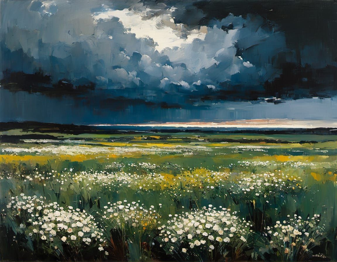 Dreamscape with Blooming Meadow and Turbulent Skies in Expre...