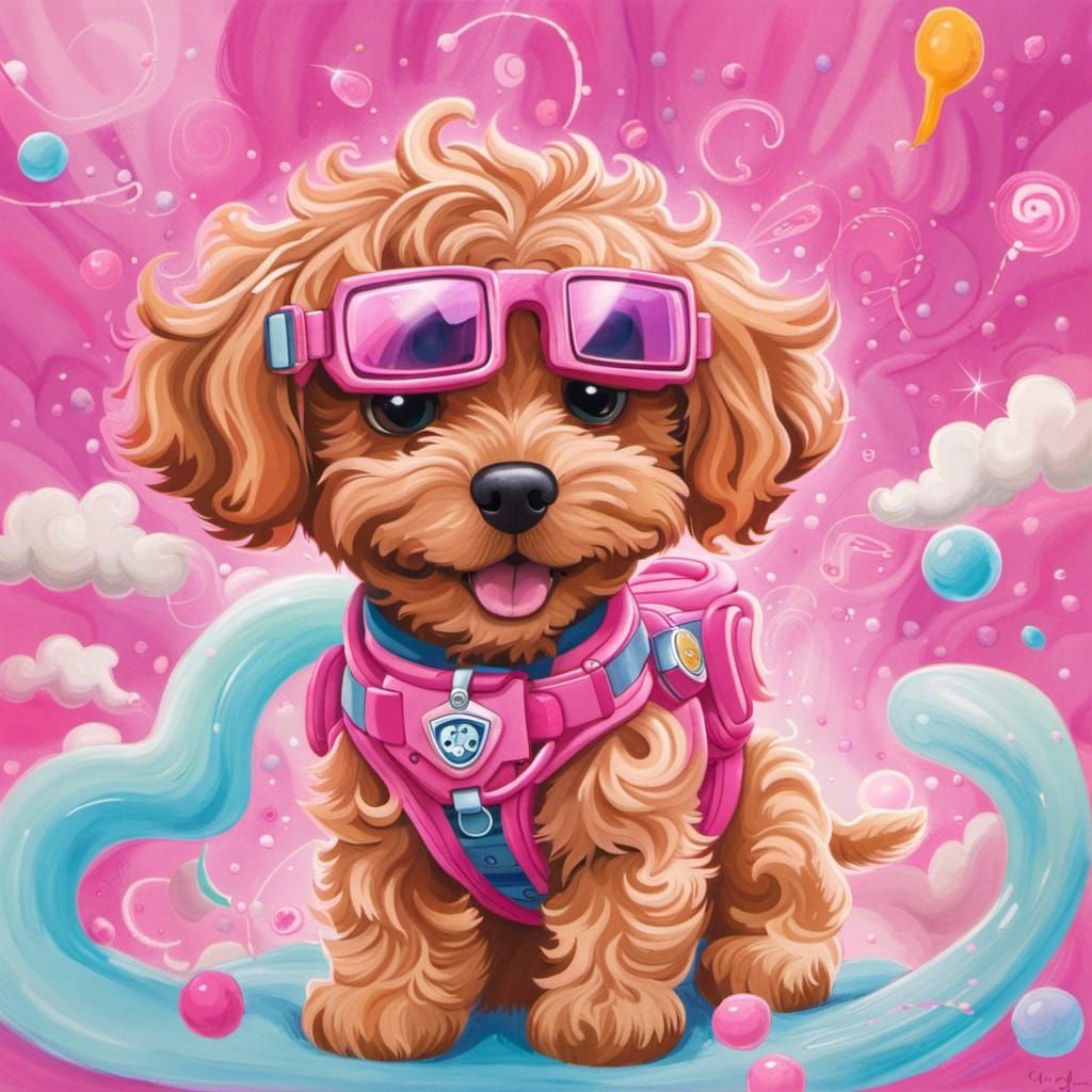 Cockapoo Puppy in Goggles, Pink Candyland Aesthetic