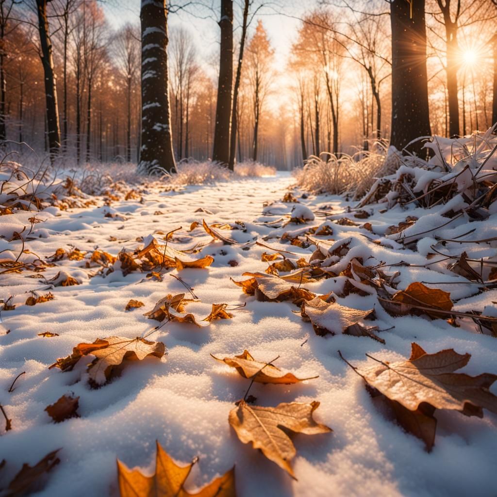 Cinematic Snowfall Landscape at Golden Hour