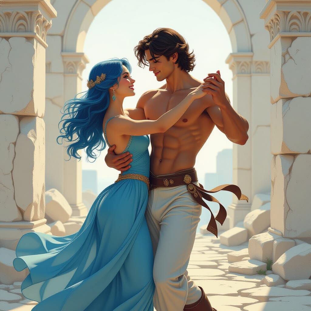 Athletic Man and Blue-Haired Girl Waltz Amidst Ruins