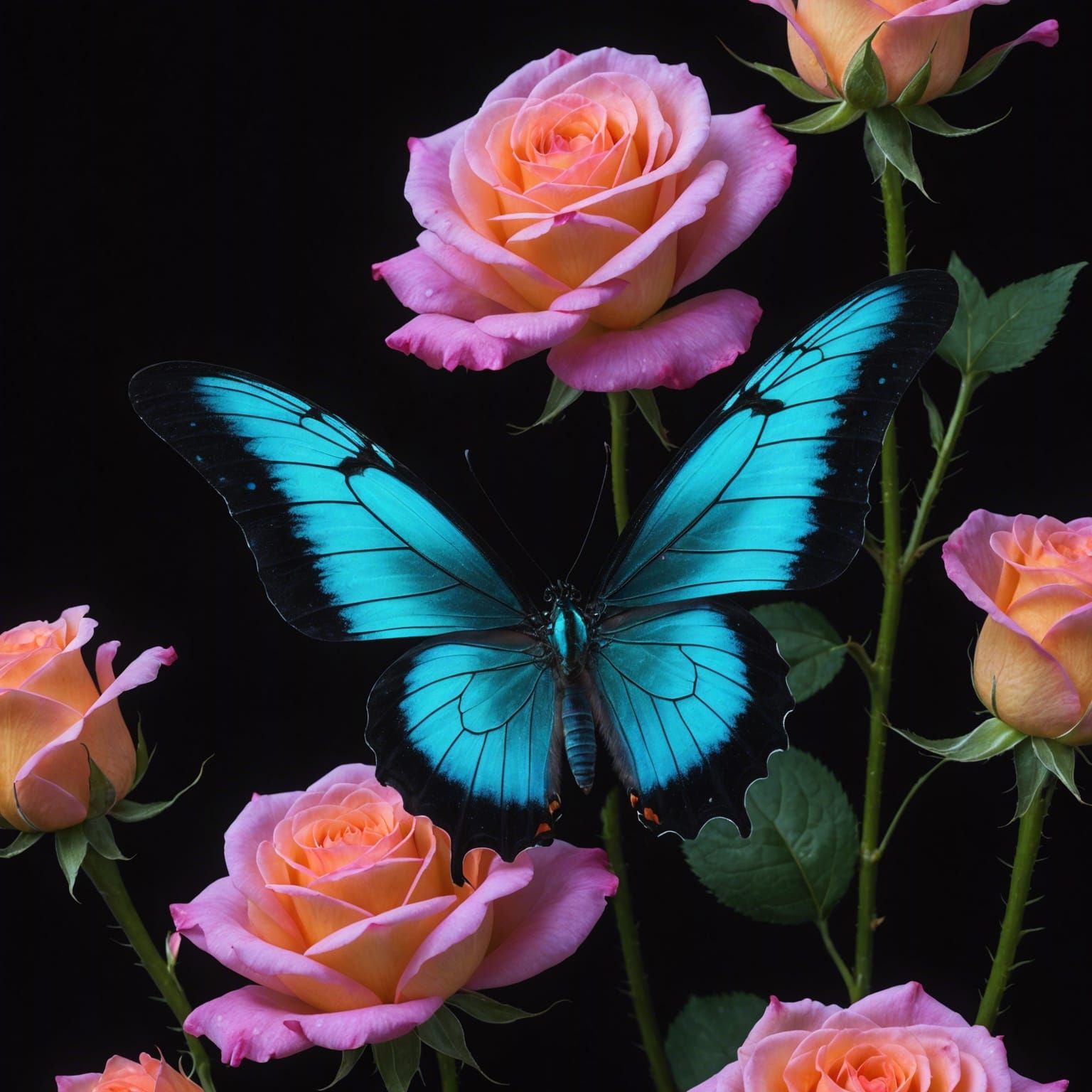 Bioluminescent Angel Butterfly on Blooming Rose