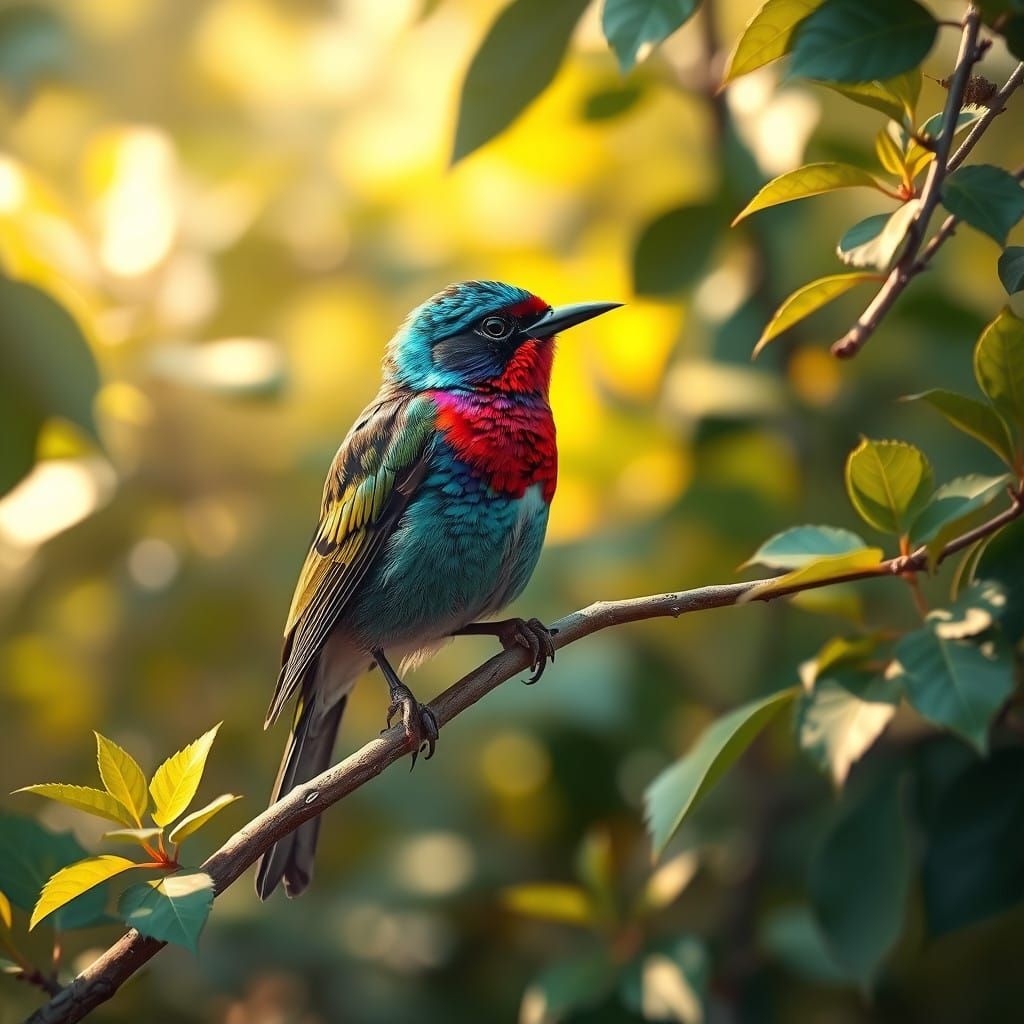 Vibrant Iridescent Bird on Delicate Branch