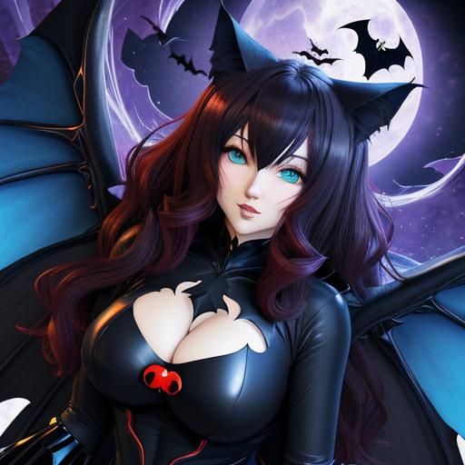 Anime Cat-Woman with Bat Wings in Magic Forest