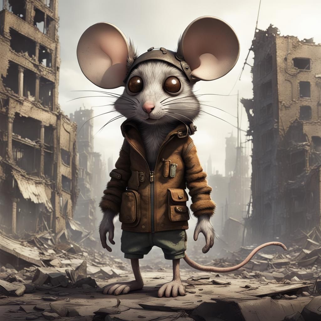 Post-Apocalyptic Mouse Warrior in Ruined City