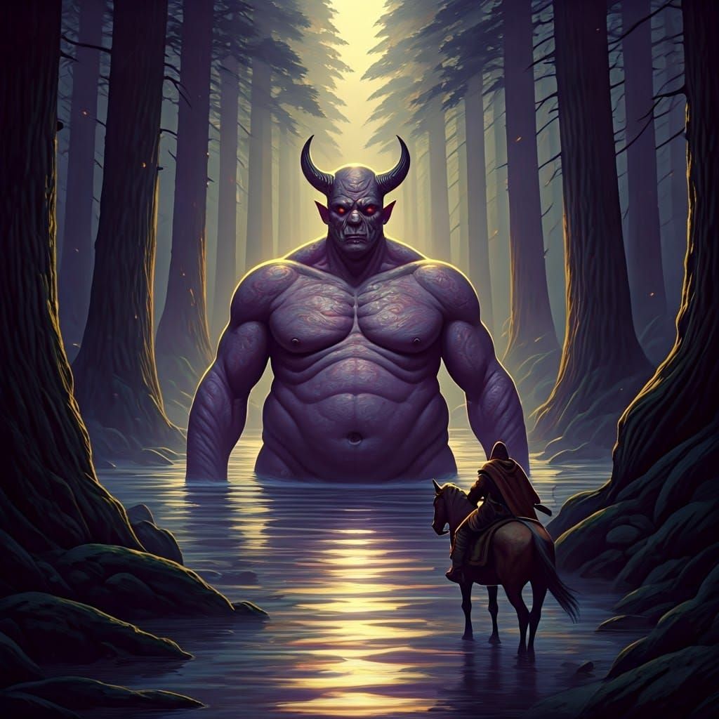 Imposing Demon Emerges from Iridescent Waters