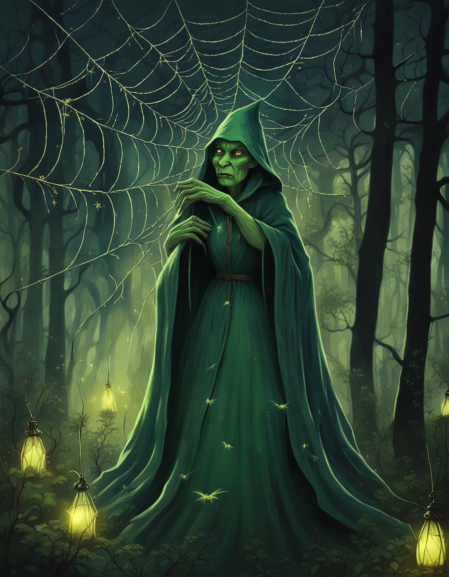 Creepy Green Witch in a Forest at Dusk