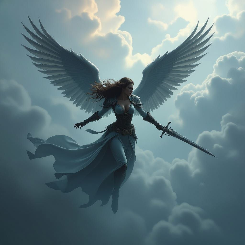 Futuristic Angelic Warrior in Dark Fantasy Battle