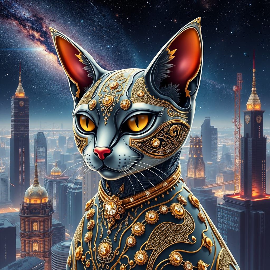 Luxury Metallic Cat Amidst Metropolis Skyscrapers in Abstrac...