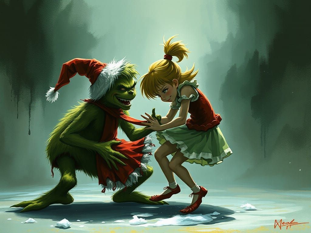 Grinch vs Cindy Lou Who in a Dark Wrestling Arena