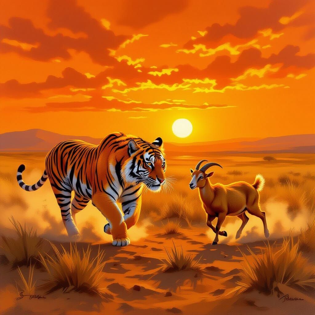 Orange tiger hunt the orange goat in the light of the orange...