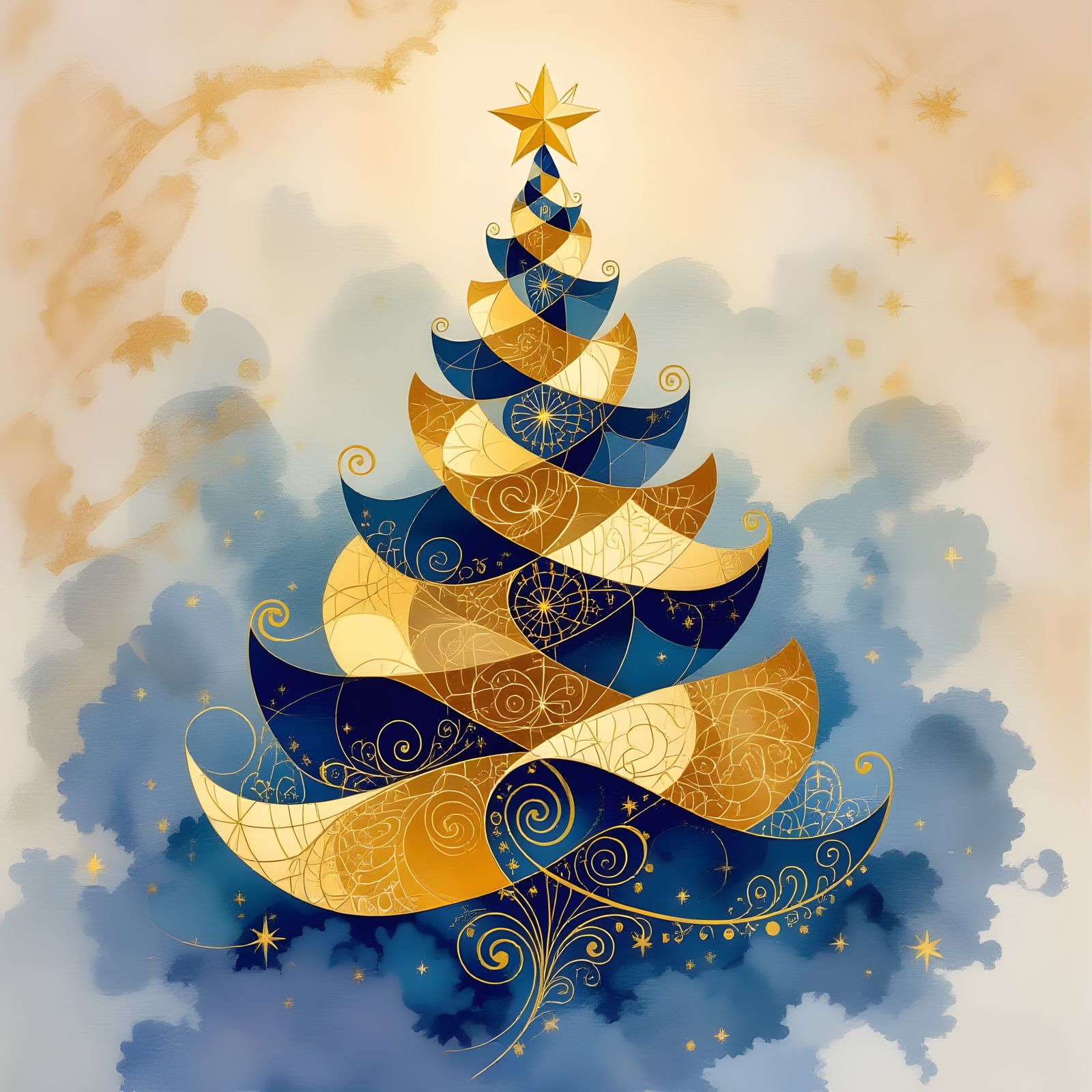 Minimalist Golden Christmas Tree in Aquarelle Style